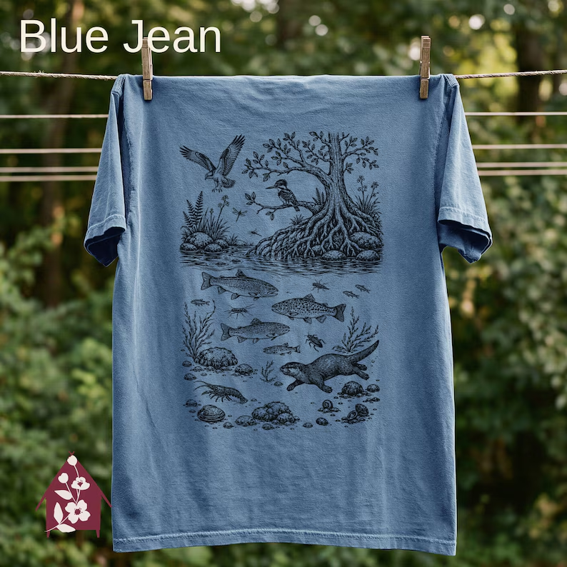 River ecosystem linocut tee