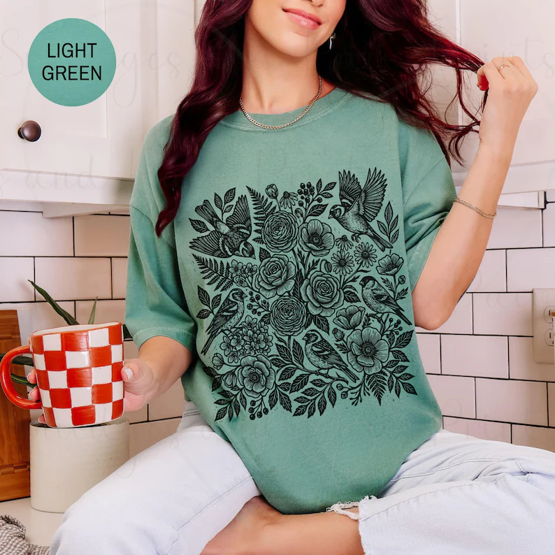 Floral birds linocut tee